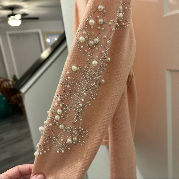 NWT LOVE Pink Peach Pearl-Embellished Open Cardigan size S - Picture 2 of 6